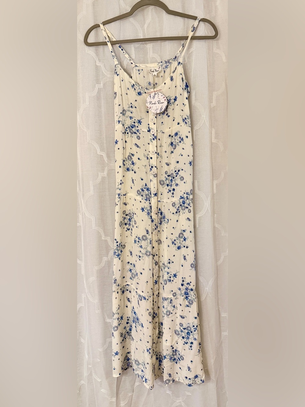 NWT Pink Rose Blue Floral Button Front Maxi Dress | Small 🤍🩵